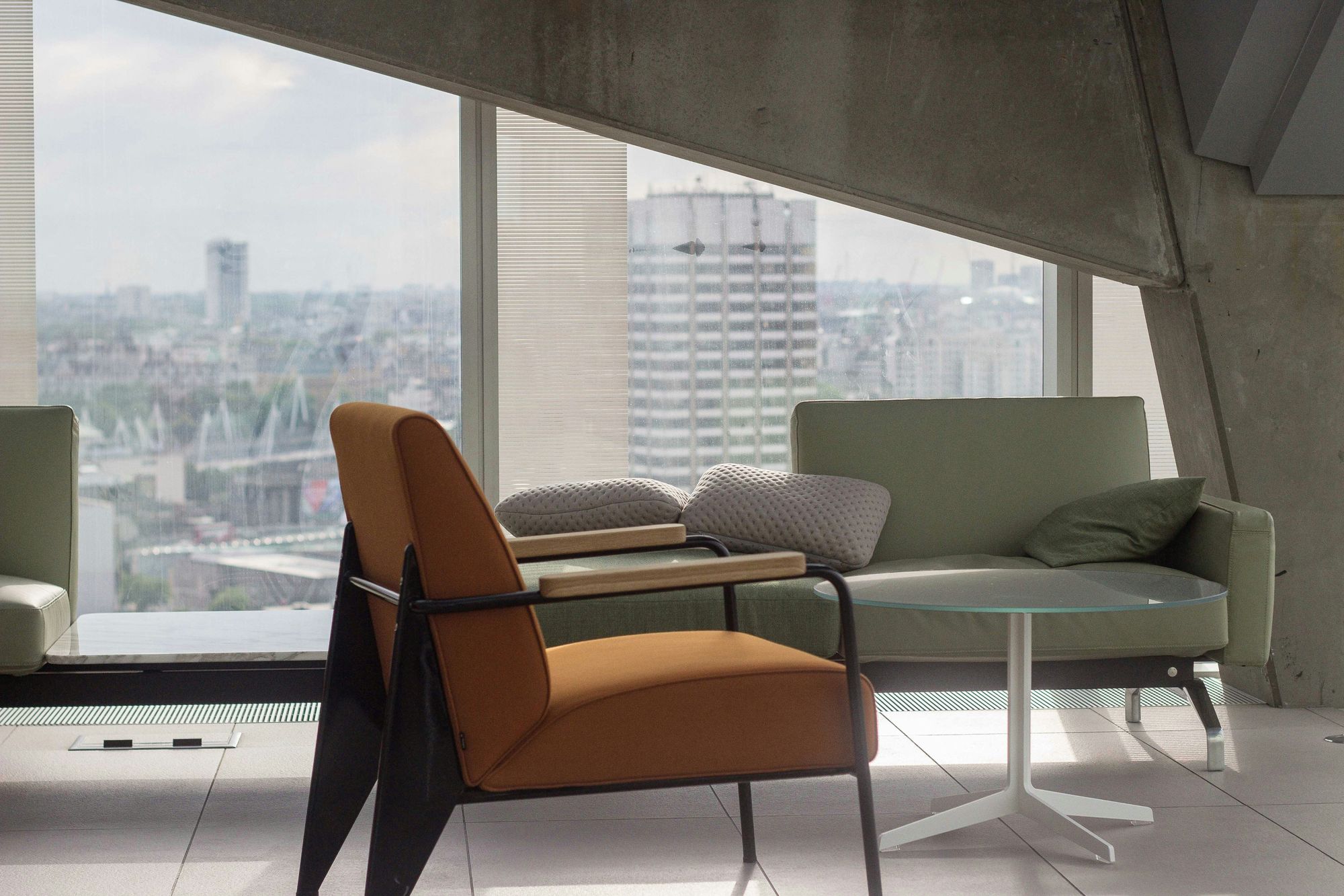 Sofa coffee table with a view to a city scape